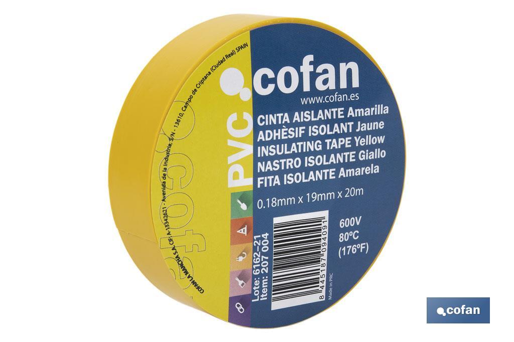 Ruban isolant 180 microns | Couleur jaune | Résistant à la tension, à la chaleur et à plusieurs acides et alcalins - Cofan