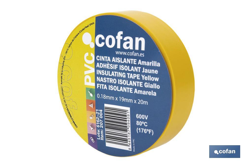 Insulating tape 180 microns | Yellow | Resistant to voltage, heat and different acids and alkaline materials - Cofan