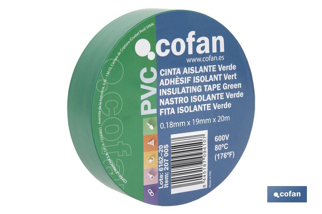 Cinta Aislante 180 Micras | Color verde | Resistente al voltaje, al calor y a diferentes ácidos y alcalinos - Cofan