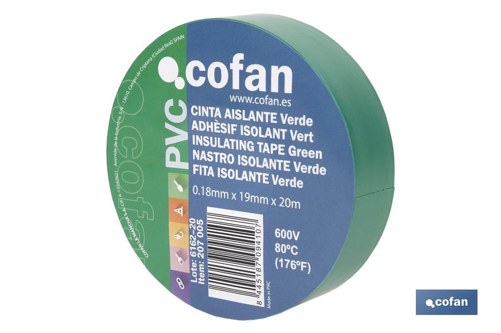 Insulating tape 180 microns | Green | Resistant to voltage, heat and different acids and alkaline materials - Cofan