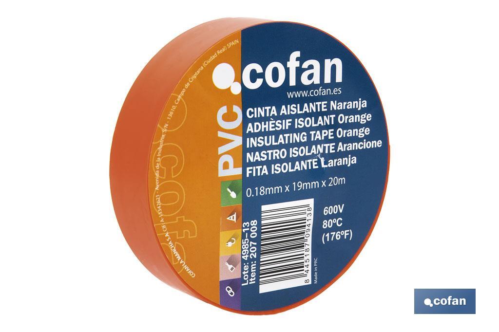 Cinta Aislante 180 Micras | Color naranja | Resistente al voltaje, al calor y a diferentes ácidos y alcalinos - Cofan