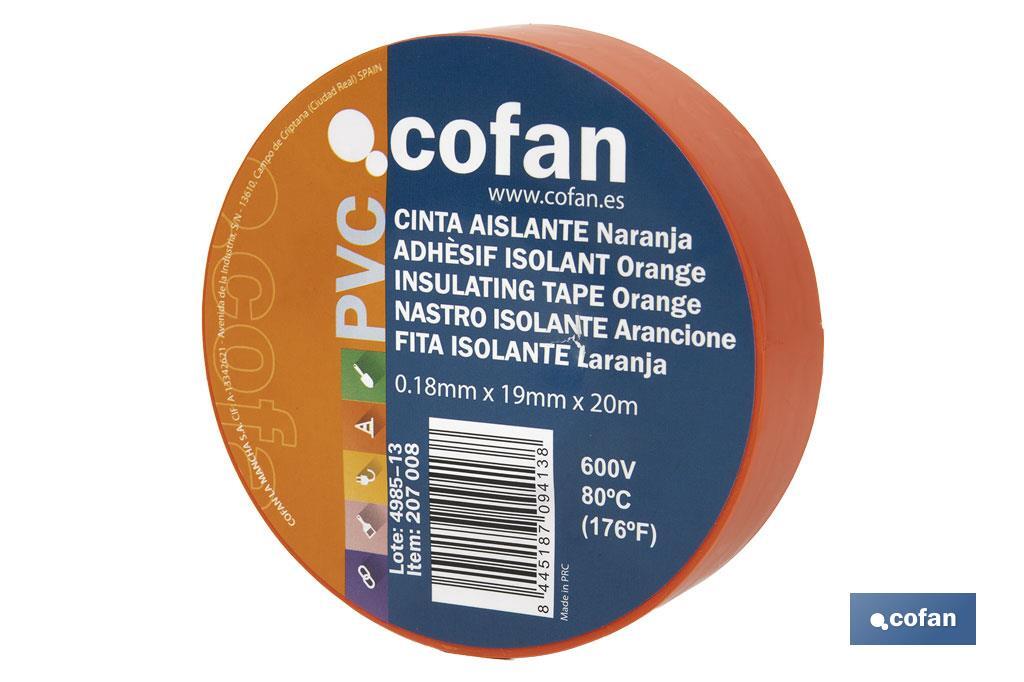 Cinta Aislante 180 Micras | Color naranja | Resistente al voltaje, al calor y a diferentes ácidos y alcalinos - Cofan