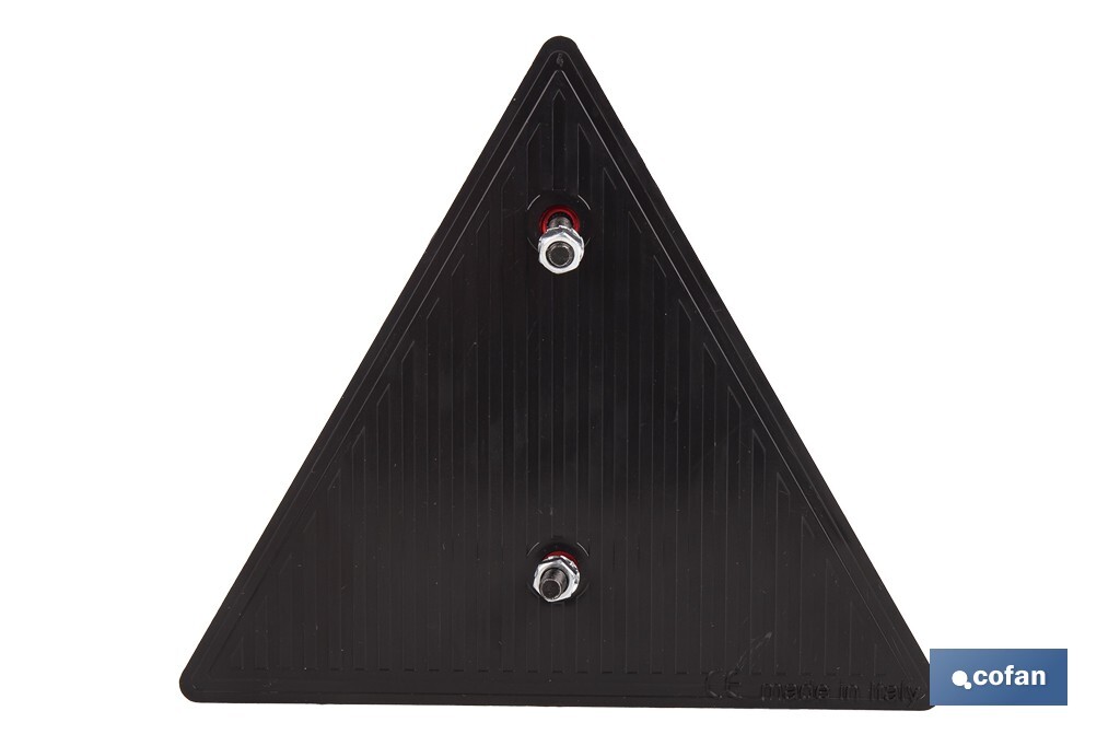 Catadióptrico triangular con agujero | Producto homologado | Disponible con o sin tornillos | Medidas: 155 x 137 mm - Cofan