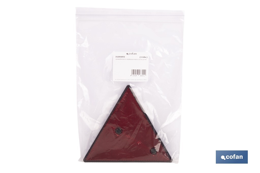 Catadióptrico triangular con agujero | Producto homologado | Disponible con o sin tornillos | Medidas: 155 x 137 mm - Cofan