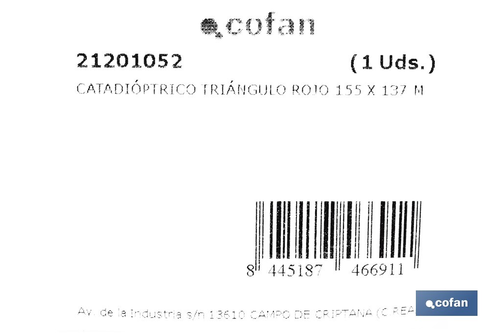 Catadióptrico triangular con agujero | Producto homologado | Disponible con o sin tornillos | Medidas: 155 x 137 mm - Cofan