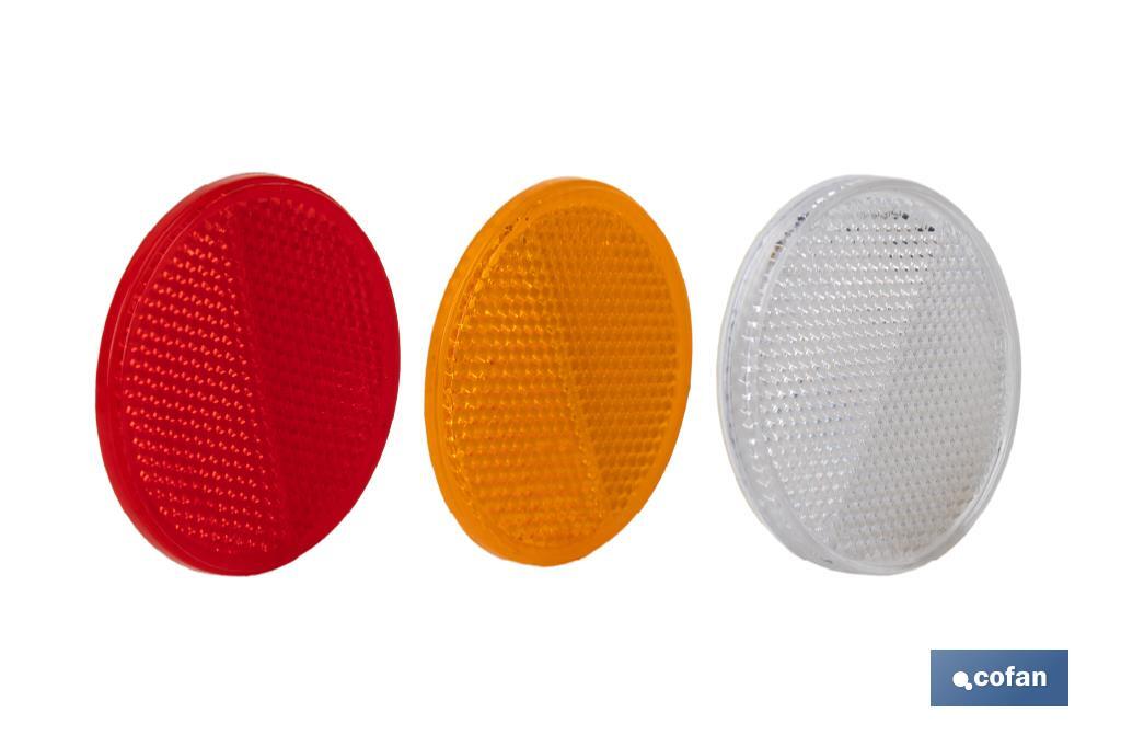 Catadióptricos redondos con adhesivo para fijar en vehículos | 3 Colores: rojo, ámbar y blanco | Diámetro: 55 mm - Cofan