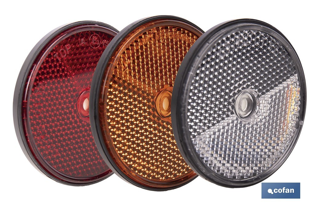 Round reflectors without screw | Adhesive backing | Approved product | Diameter: 60 mm | Available in 3 different colours - Cofan