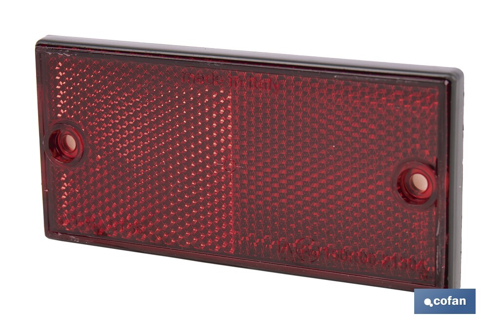Rectangular reflector with 2 holes and adhesive backing | Screws not included | Approved product | Available in 3 different colours | Size: 106 x 50 mm - Cofan
