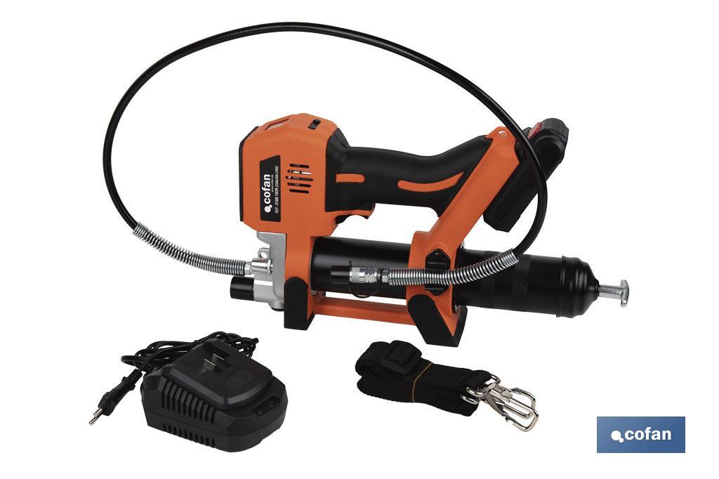 Pistola engrasadora a batería | Batería Li-ion 21 V 2 Ah | Presión máxima: 690 bar | Adecuada para cartuchos de 400 ml - Cofan
