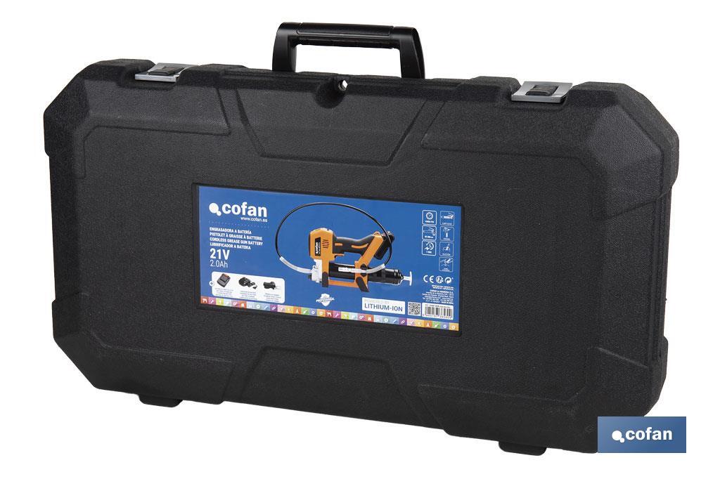 Pistola engrasadora a batería | Batería Li-ion 21 V 2 Ah | Presión máxima: 690 bar | Adecuada para cartuchos de 400 ml - Cofan