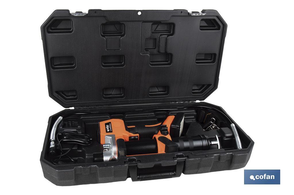 Pistola engrasadora a batería | Batería Li-ion 21 V 2 Ah | Presión máxima: 690 bar | Adecuada para cartuchos de 400 ml - Cofan