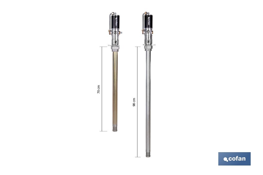 Bomba neumática lubricante | Relación 3:1 | Caudal: 14 LPM | Presión máxima: 10 bares | Disponible para bidones de 60 o 205 litros - Cofan
