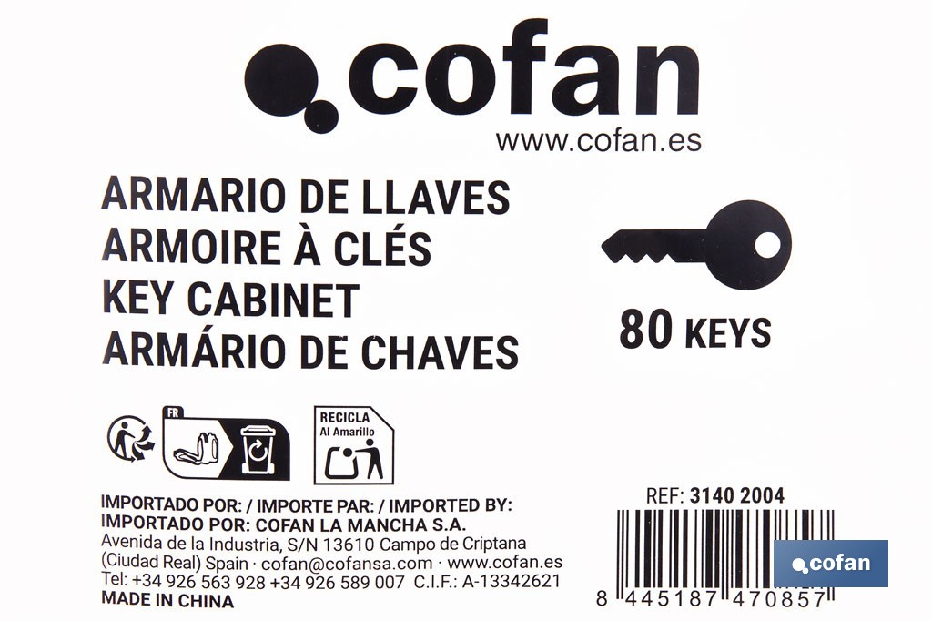 Armario metálico para llaves con cerradura | Incluye 2 llaves y kit de fijación | Disponible para 20, 40, 60 y 80 llaves - Cofan