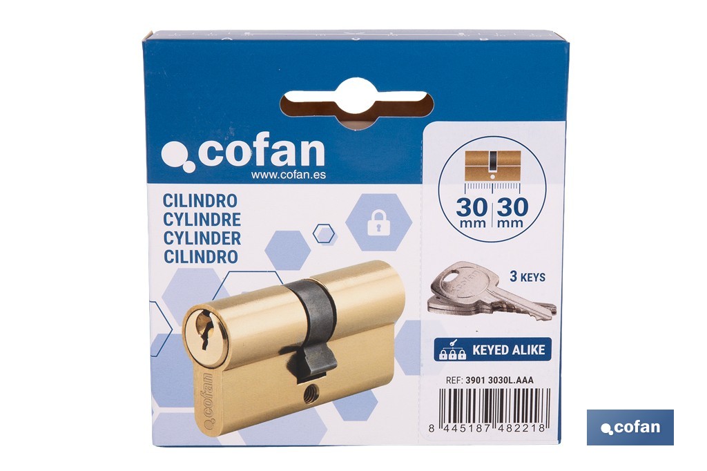Cilindro de perfil europeo con llaves iguales (serie AAA) con acabado en latón | Disponible en diferentes medidas - Cofan