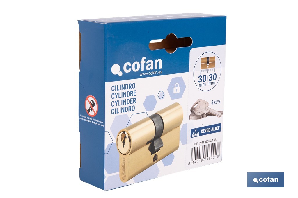 Cilindro de perfil europeo con llaves iguales (serie AAA) con acabado en latón | Disponible en diferentes medidas - Cofan