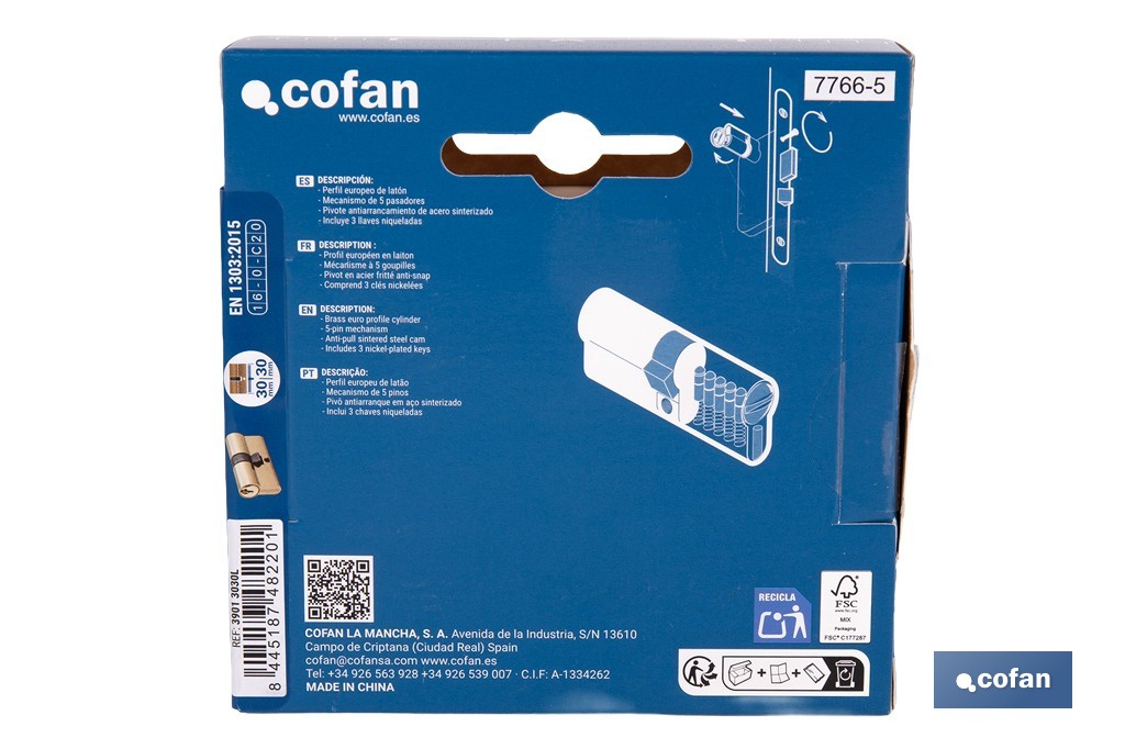Cilindro de perfil europeo con acabado en latón | Disponible en diferentes medidas - Cofan
