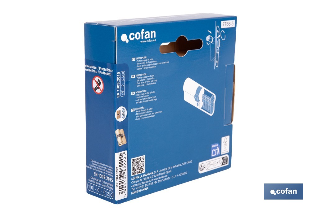 Cilindro de perfil europeo con acabado en latón | Disponible en diferentes medidas - Cofan