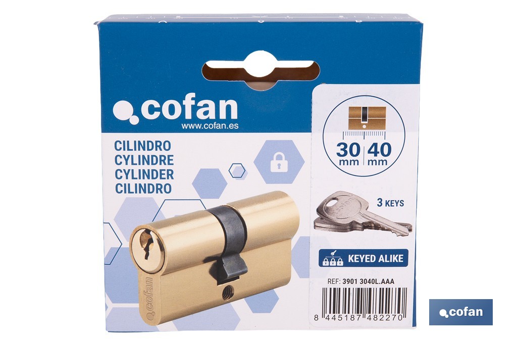 Cilindro de perfil europeo con llaves iguales (serie AAA) con acabado en latón | Disponible en diferentes medidas - Cofan
