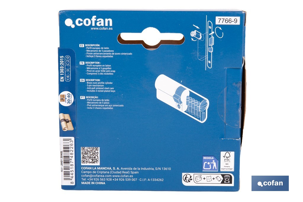 Cilindro de perfil europeo con acabado en latón | Disponible en diferentes medidas - Cofan