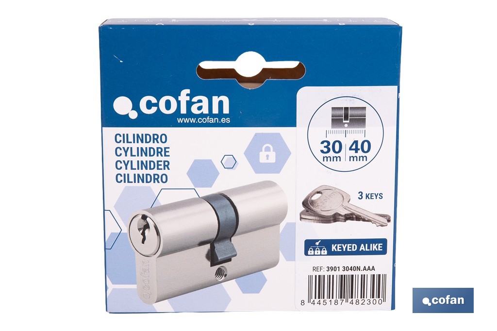 Cilindro de perfil europeo con llaves iguales (serie AAA) y con acabado en níquel | Disponible en diferentes medidas - Cofan