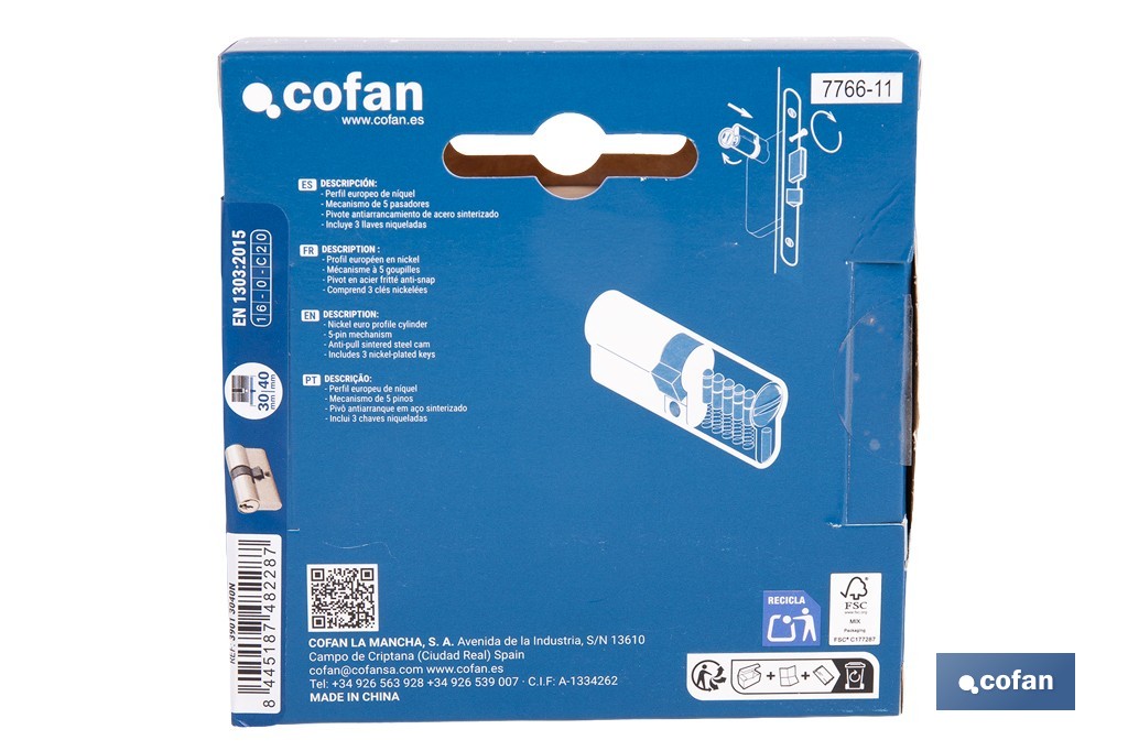 Cilindro de perfil europeo con acabado en níquel | Disponible en diferentes medidas - Cofan