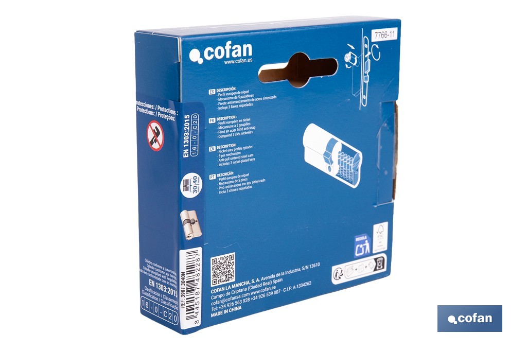 Cilindro de perfil europeo con acabado en níquel | Disponible en diferentes medidas - Cofan