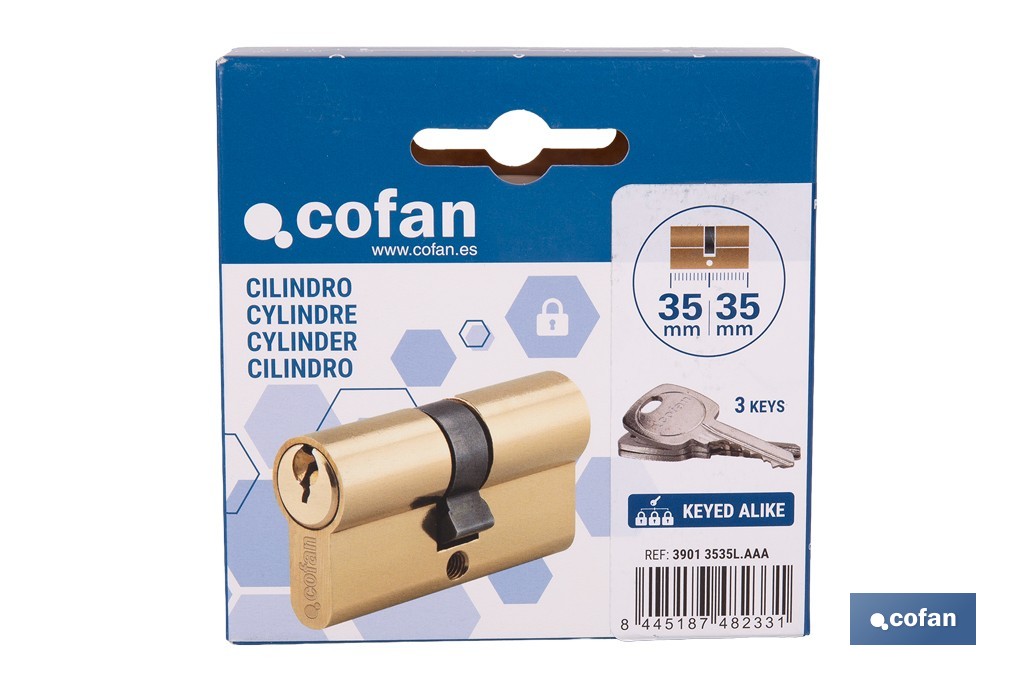 Cilindro de perfil europeo con llaves iguales (serie AAA) con acabado en latón | Disponible en diferentes medidas - Cofan