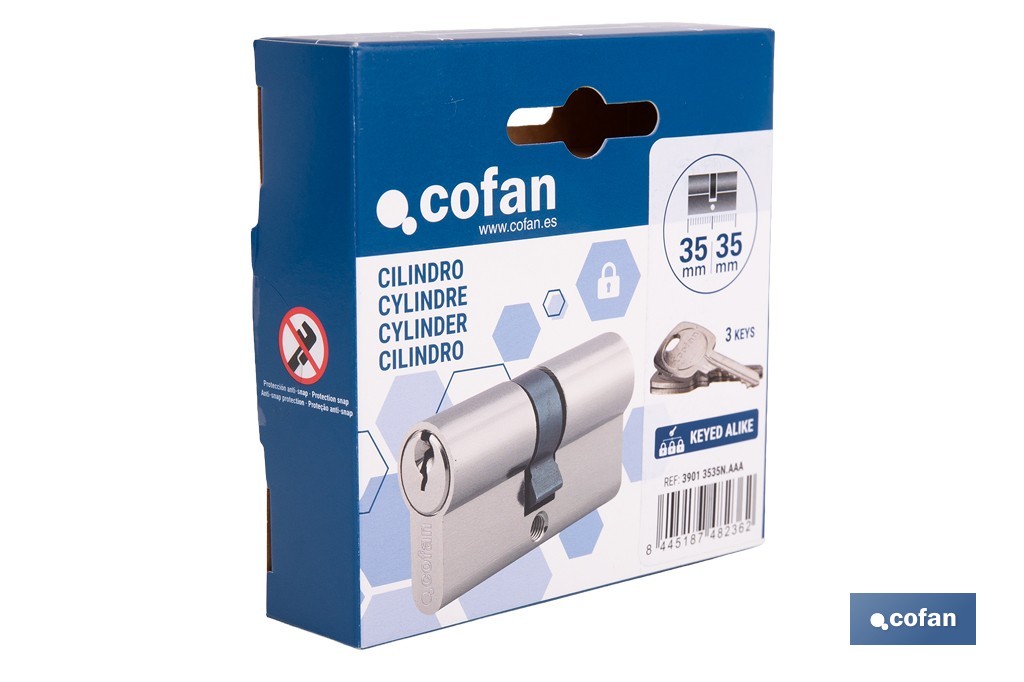 Cilindro de perfil europeo con llaves iguales (serie AAA) y con acabado en níquel | Disponible en diferentes medidas - Cofan