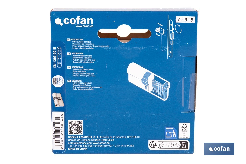 Cilindro de perfil europeo con acabado en níquel | Disponible en diferentes medidas - Cofan