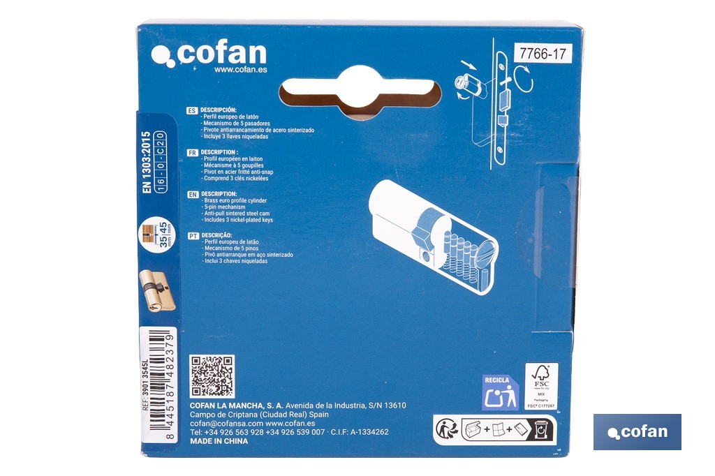 Cilindro de perfil europeo con acabado en latón | Disponible en diferentes medidas - Cofan