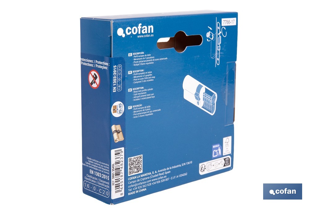 Cilindro de perfil europeo con acabado en latón | Disponible en diferentes medidas - Cofan