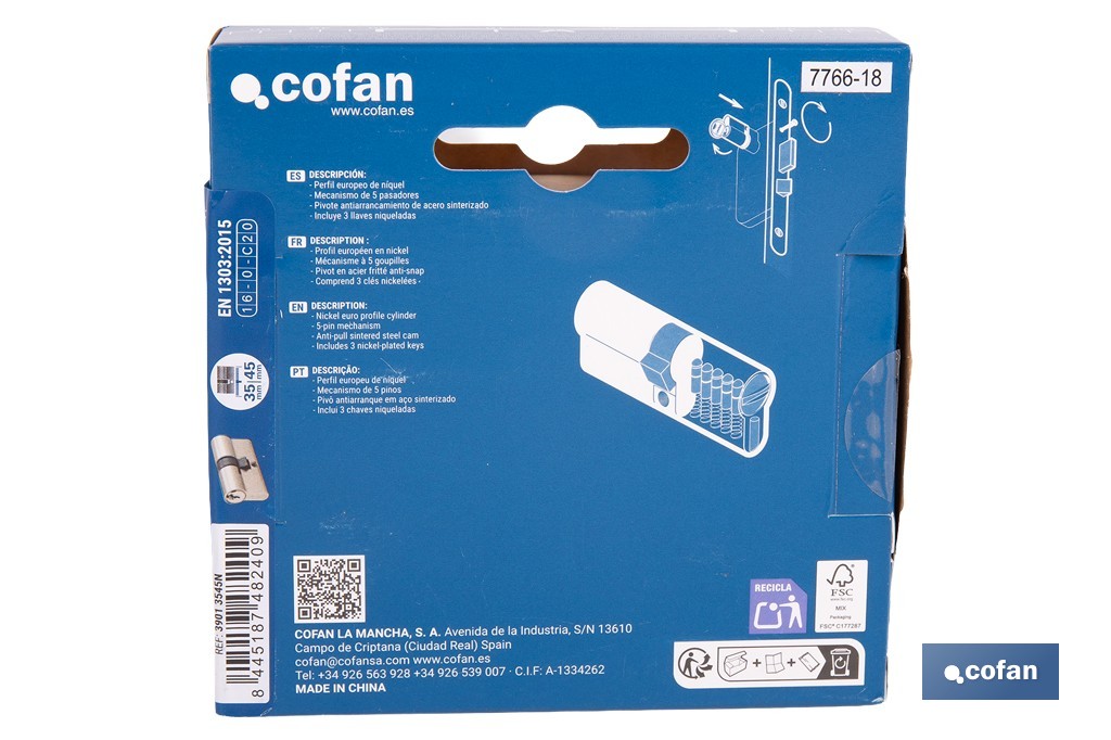 Cilindro de perfil europeo con acabado en níquel | Disponible en diferentes medidas - Cofan