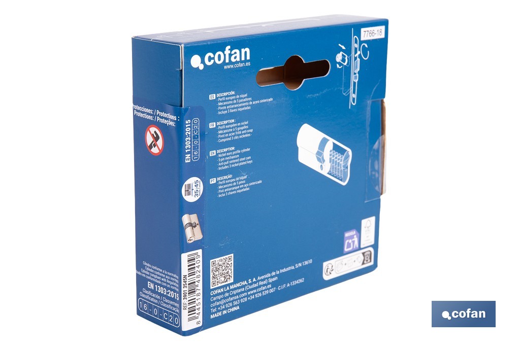 Cilindro de perfil europeo con acabado en níquel | Disponible en diferentes medidas - Cofan