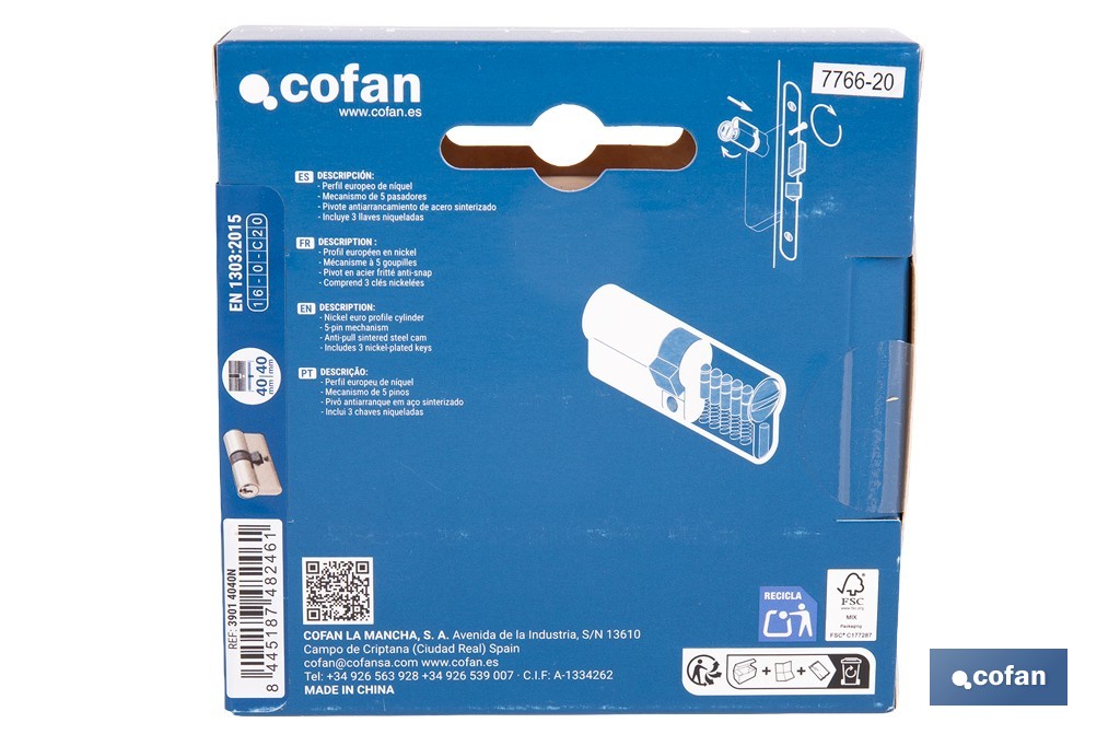 Cilindro de perfil europeo con acabado en níquel | Disponible en diferentes medidas - Cofan