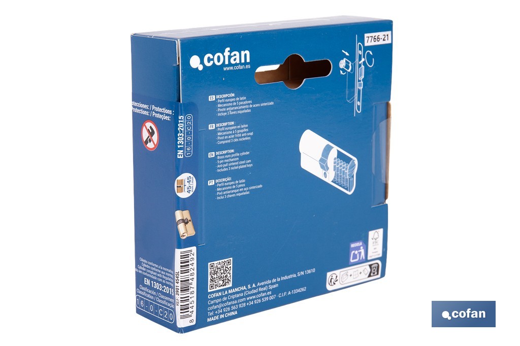 Cilindro de perfil europeo con acabado en latón | Disponible en diferentes medidas - Cofan