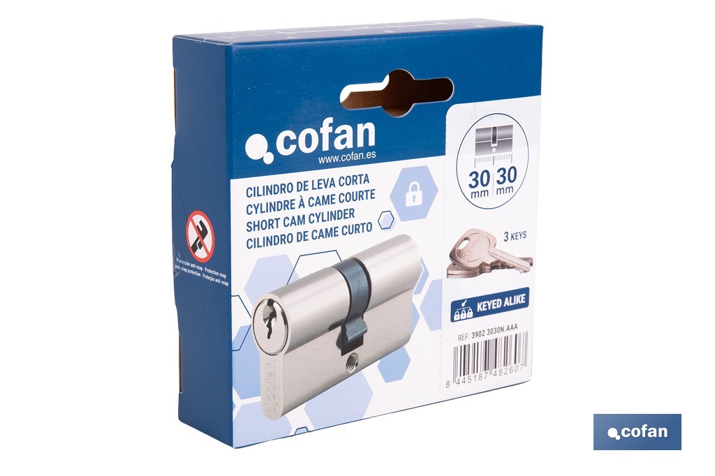 Cilindro Leva Corta de perfil europeo con llaves iguales (serie AAA) con acabado níquel | Varias medidas disponibles - Cofan