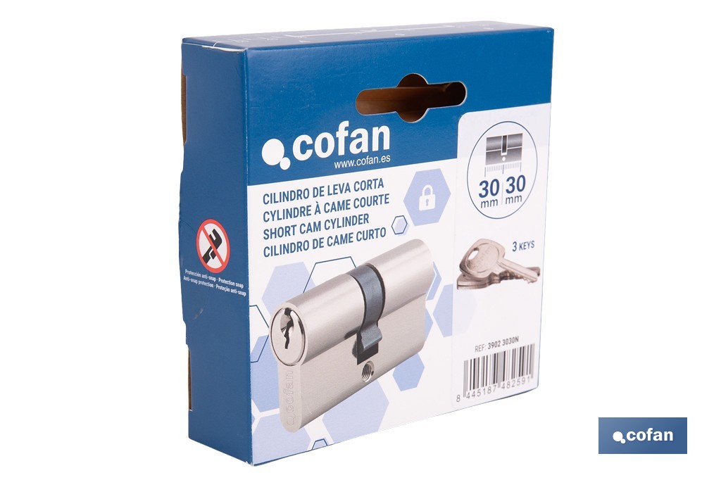 Cilindro Leva Corta de perfil europeo con acabado níquel | Varias medidas disponibles - Cofan