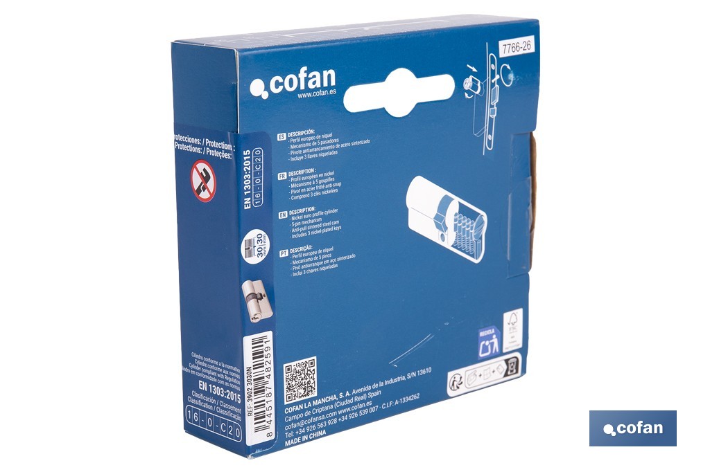 Cilindro Leva Corta de perfil europeo con acabado níquel | Varias medidas disponibles - Cofan