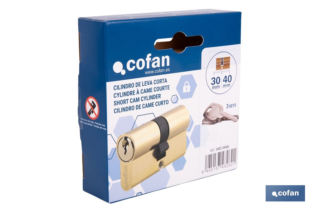 Cilindro de leva corta de perfil europeo con acabado en latón | Disponible en diferentes medidas - Cofan