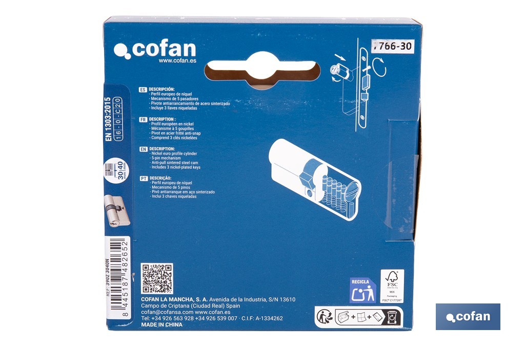 Cilindro Leva Corta de perfil europeo con acabado níquel | Varias medidas disponibles - Cofan