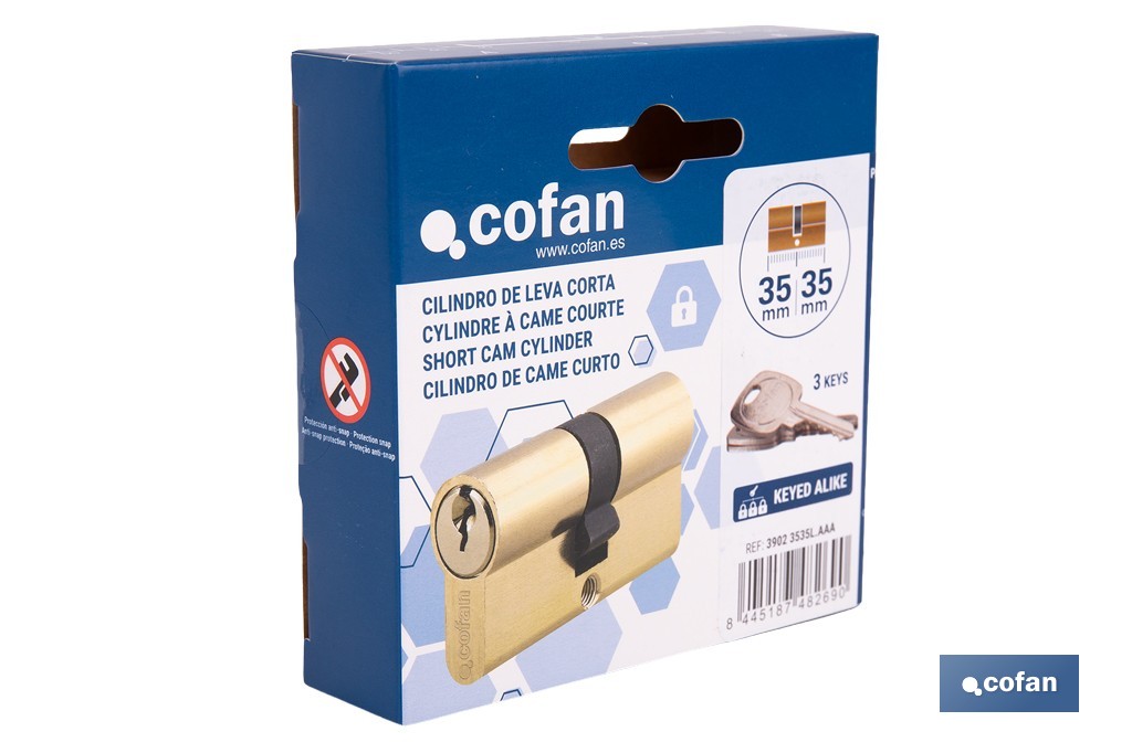Cilindro Leva Corta de perfil europeo con llaves iguales (serie AAA) en acabado latón | Varias medidas disponibles - Cofan