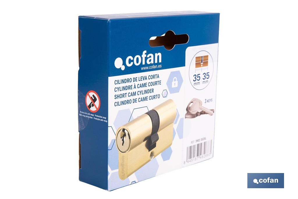 Cilindro de leva corta de perfil europeo con acabado en latón | Disponible en diferentes medidas - Cofan