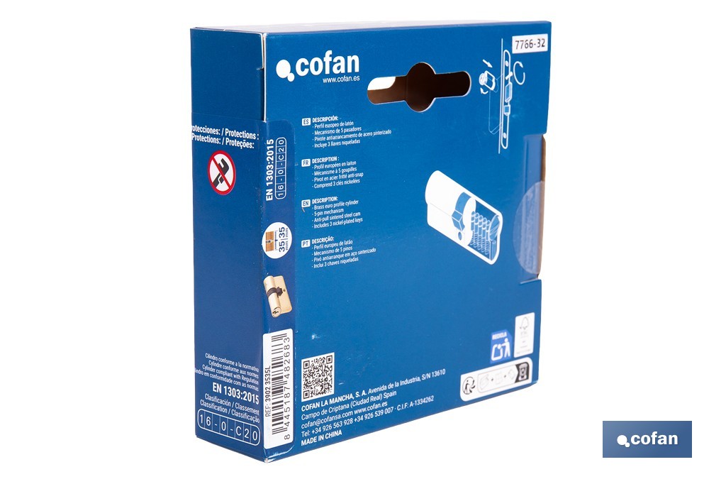 Cilindro de leva corta de perfil europeo con acabado en latón | Disponible en diferentes medidas - Cofan