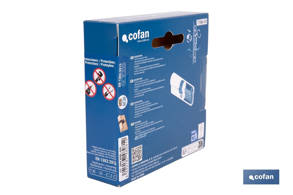 Cilindro de Seguridad de perfil europeo con llaves iguales (serie AAA) | Disponible en acabado latón con varias medidas disponibles - Cofan