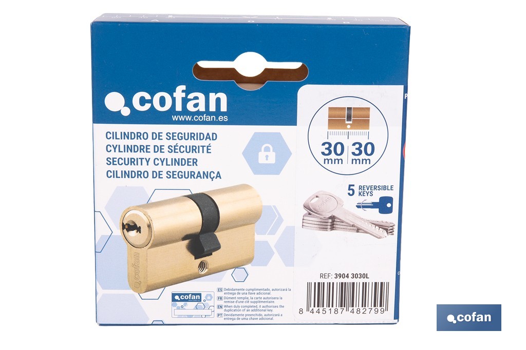 Cilindro de seguridad de perfil europeo con acabado en latón | Disponible en diferentes medidas - Cofan