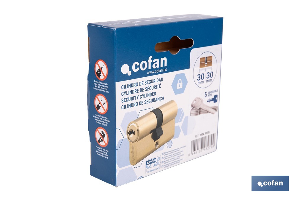 Cilindro de seguridad de perfil europeo con acabado en latón | Disponible en diferentes medidas - Cofan