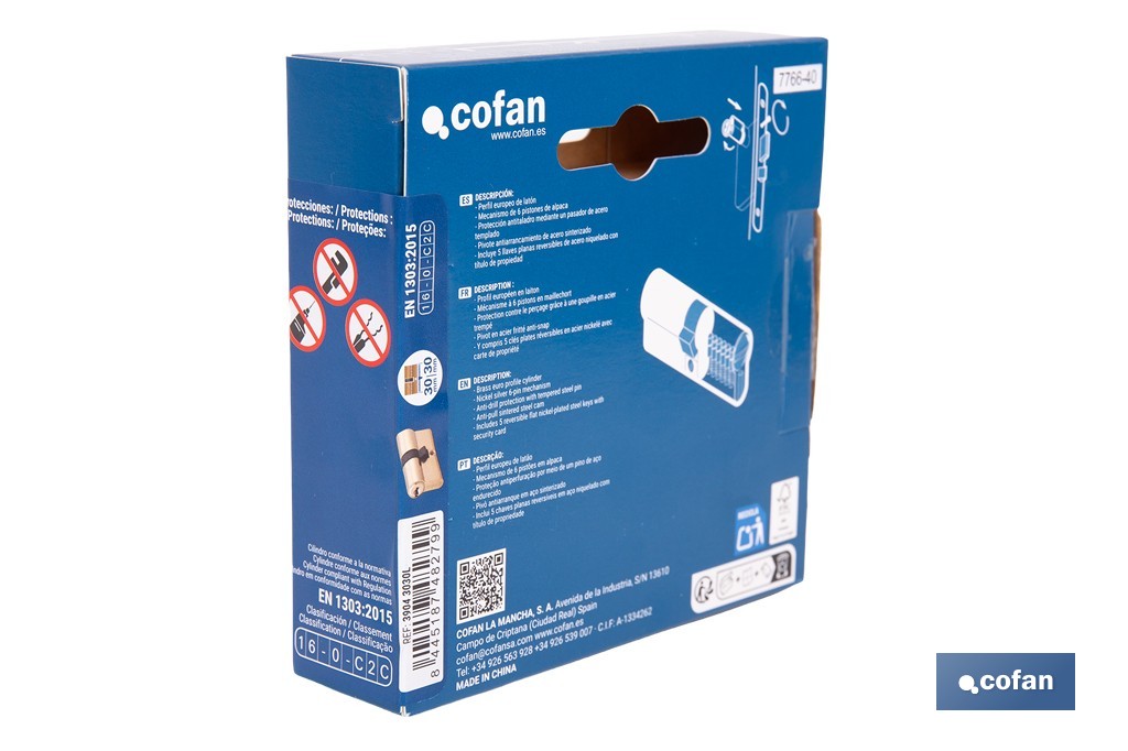 Cilindro de seguridad de perfil europeo con acabado en latón | Disponible en diferentes medidas - Cofan