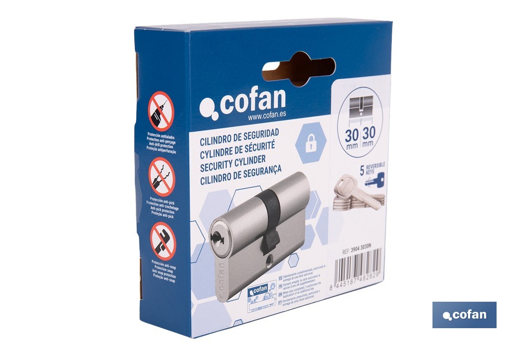 Cilindro de Seguridad de perfil europeo en acabado níquel | Varias medidas disponibles - Cofan