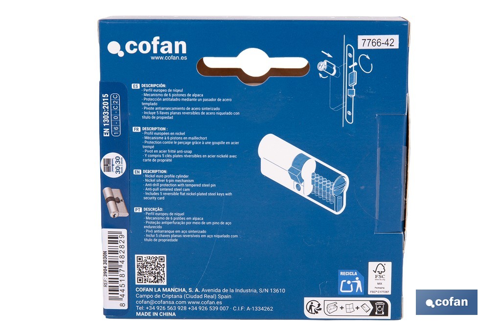 Cilindro de Seguridad de perfil europeo en acabado níquel | Varias medidas disponibles - Cofan