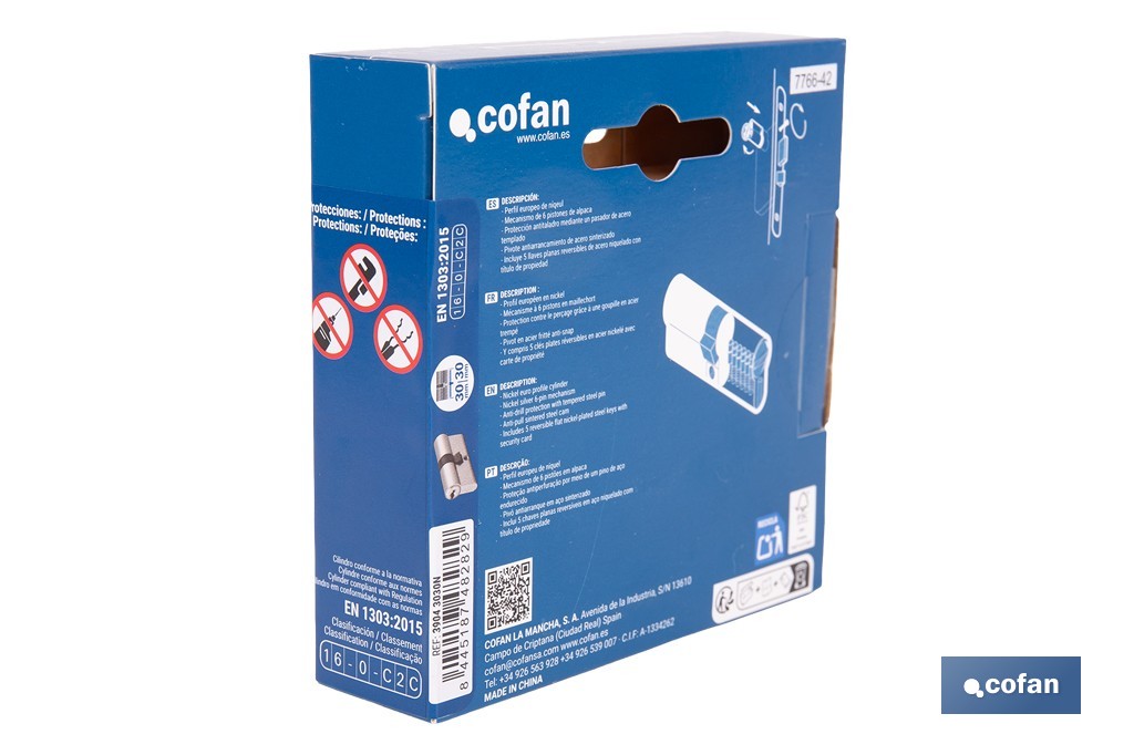 Cilindro de Seguridad de perfil europeo en acabado níquel | Varias medidas disponibles - Cofan